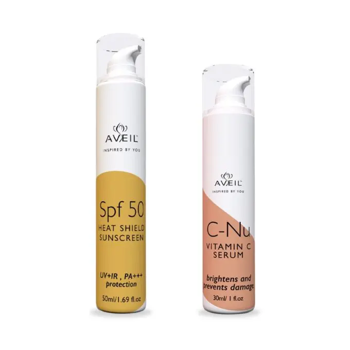 AVEIL C NU VITAMIN C SERUM AVEIL HEAT SHIELD SPF 50 GEL SUNSCREEN COMBO